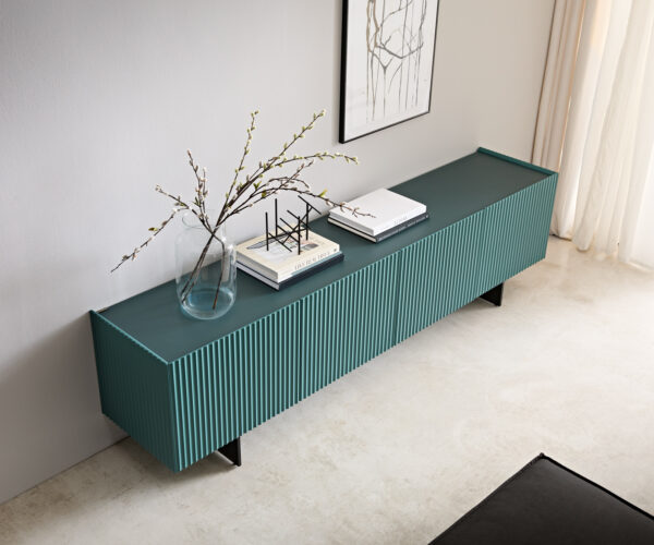 TV stolík Kelani 200 cm modrý 4 dvierka podstavec kov čierny - Image 4