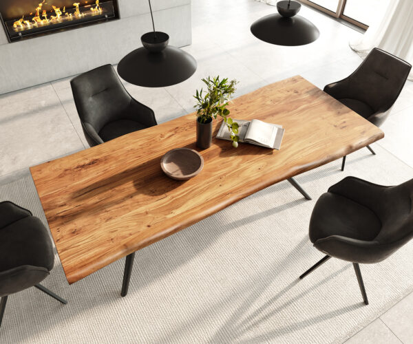 Jedálenský stôl Edge 240x100 prírodná agátová podnož Estelar okrúhla kovová čierna nepravidelný okraj - Image 4