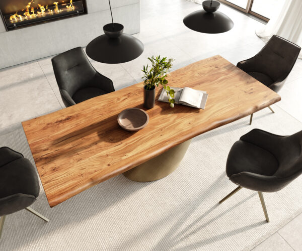 Jedálenský stôl Edge 240x100 z prírodnej akácie Cono gold s nepravidelným okrajom podnože - Image 4