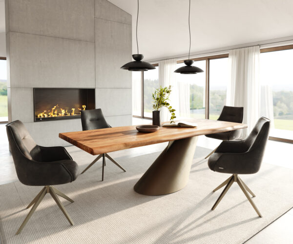 Jedálenský stôl Edge 240x100 z prírodnej akácie Cono gold s nepravidelným okrajom podnože - Image 6