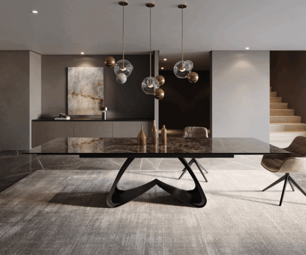 Jedálenský stôl Edge 200-300x100 keramický Laminam® Emperador Extra Lucidato tmavohnedý Podstavec v tvare W čierny rozkladací - Image 2
