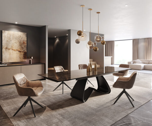 Jedálenský stôl Edge 200-300x100 keramický Laminam® Emperador Extra Lucidato tmavohnedý Podstavec v tvare W čierny rozkladací - Image 6