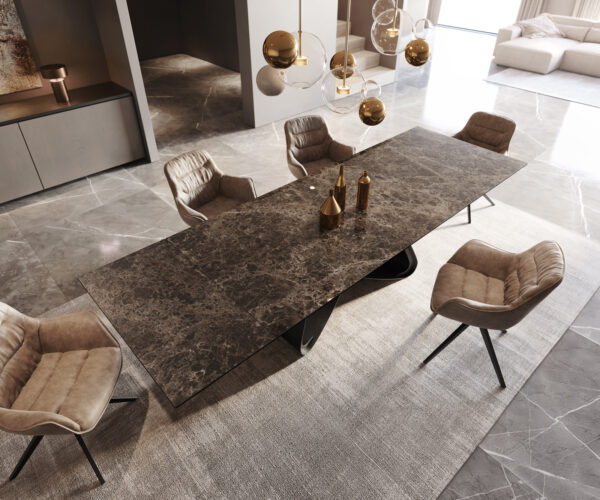 Jedálenský stôl Edge 200-300x100 keramický Laminam® Emperador Extra Lucidato tmavohnedý Podstavec v tvare W čierny rozkladací - Image 5