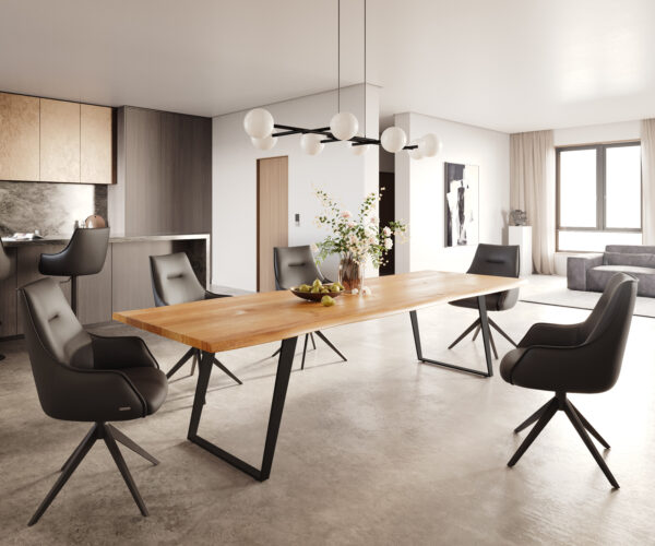 Hranatý jedálenský stôl 300x100x4 prírodná dubová podnož kovová skosená čierna nepravidelná hrana - Image 5