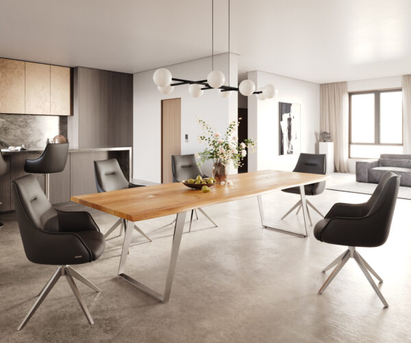 Hranatý jedálenský stôl 300x100x4 prírodná dubová podnož nerezová oceľ skosená nepravidelná hrana - Image 5