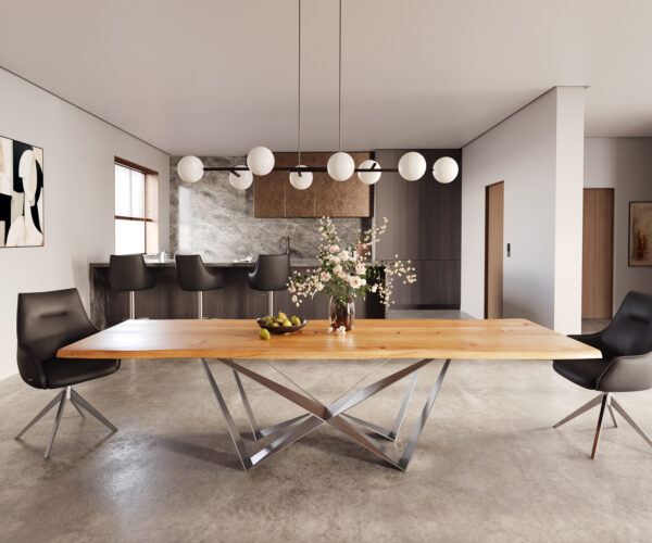 Hranatý jedálenský stôl 300x100x4 prírodný dubový podstavec krížový plochý oceľový nerezový nepravidelný okraj - Image 2