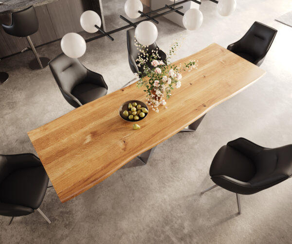 Hranatý jedálenský stôl 300x100x4 prírodný dubový podstavec krížový plochý oceľový nerezový nepravidelný okraj - Image 4