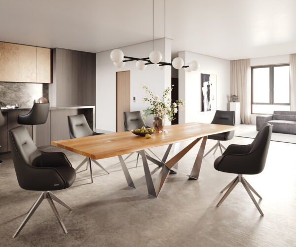 Hranatý jedálenský stôl 300x100x4 prírodný dubový podstavec krížový plochý oceľový nerezový nepravidelný okraj - Image 5