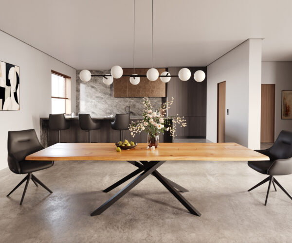 Hranatý jedálenský stôl 300x100x4 prírodný dubový krížový podstavec obdĺžnik čierny nepravidelný okraj - Image 2