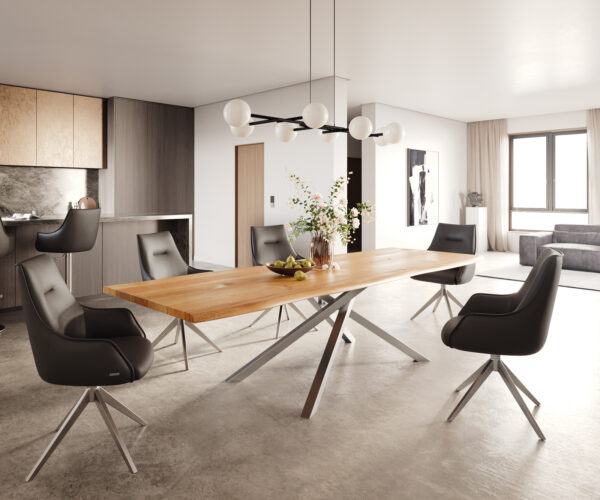 Hranatý jedálenský stôl 300x100x4 prírodný dub krížová podnož obdĺžniková nerezová oceľ nepravidelný okraj - Image 5