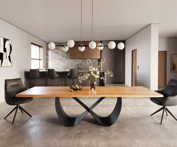 Hranatý jedálenský stôl 300x100x4 prírodná dubová podnož Infinity kovová čierna nepravidelná hrana - Image 2