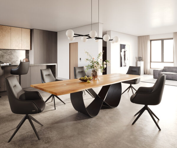 Hranatý jedálenský stôl 300x100x4 prírodná dubová podnož Infinity kovová čierna nepravidelná hrana - Image 5