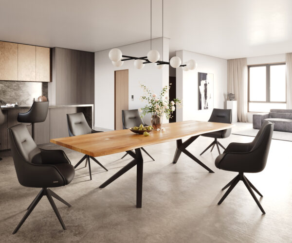 Hranatý jedálenský stôl 300x100x4 prírodná dubová podnož Zenthara štvorcový kovový čierny nepravidelný okraj - Image 5
