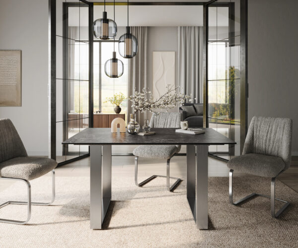 Jedálenský stôl Edge 140x90 keramický Laminam®Nero Greco antracitový nerezový úzky - Image 2