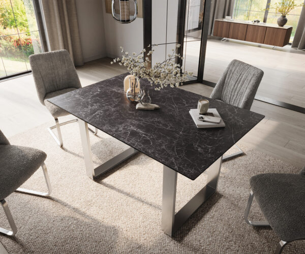 Jedálenský stôl Edge 140x90 keramický Laminam®Nero Greco antracitový nerezový úzky - Image 4
