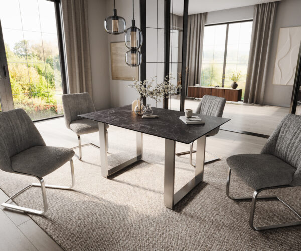 Jedálenský stôl Edge 140x90 keramický Laminam®Nero Greco antracitový nerezový úzky - Image 5