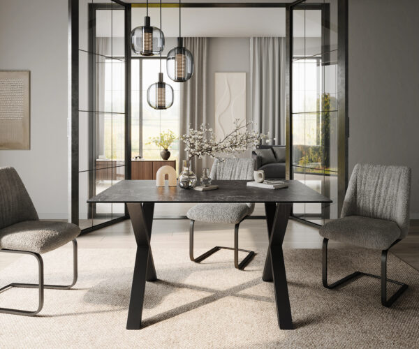Jedálenský stôl Edge 140x90 keramický Laminam®Nero Greco antracitový Podstavec v tvare "X" kovový čierny - Image 2