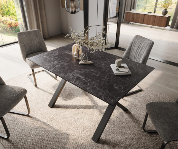 Jedálenský stôl Edge 140x90 keramický Laminam®Nero Greco antracitový Podstavec v tvare "X" kovový čierny - Image 4