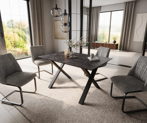 Jedálenský stôl Edge 140x90 keramický Laminam®Nero Greco antracitový Podstavec v tvare "X" kovový čierny - Image 5