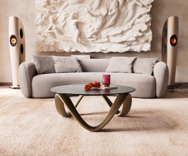 Konferenčný stolík Tanju 90x90 cm kovovo zlaté reliéfne sklo taupe - Image 2