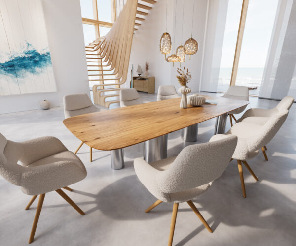 Jedálenský stôl Edge zaoblený tvar 300x120x2,5-3 dub prírodný pilier nerezová oceľ kefovaná švajčiarska hrana - Image 6