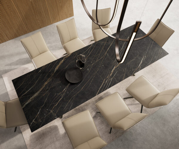 Jedálenský stôl Edge 300x100 keramický Laminam®Noir Desir hnedý Estelar okrúhly povrch s titánovým kovovým efektom - Image 6