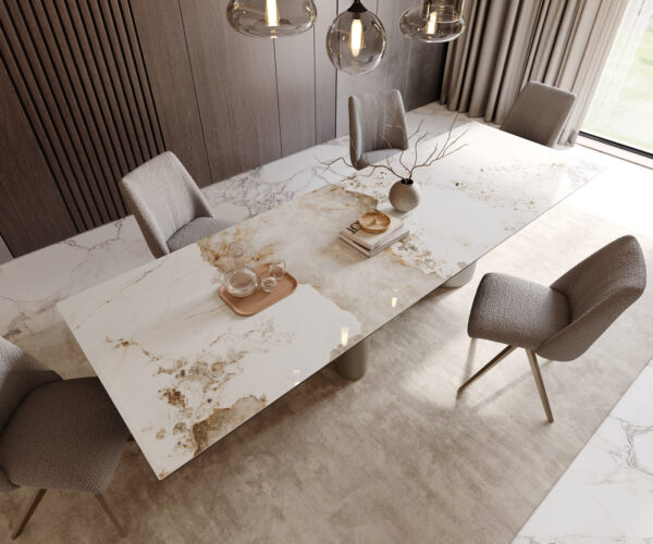 Jedálenský stôl Edge 300x100 keramický Minas Melange bielo-béžový Troa kovový efekt povrch titánový - Image 4