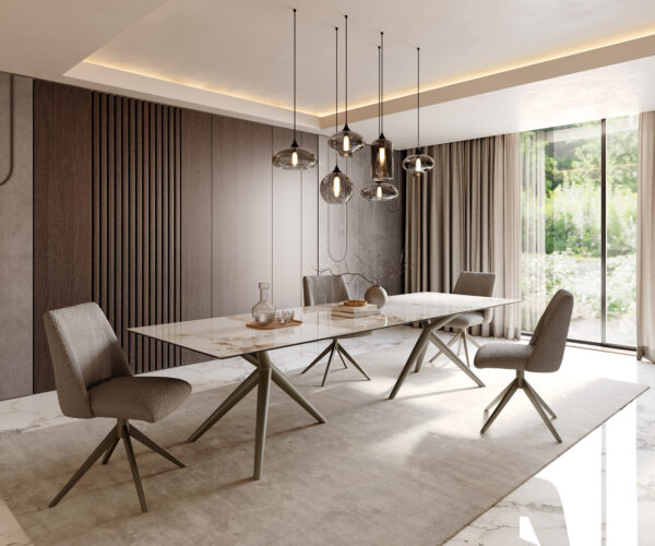 Jedálenský stôl Edge 300x100 keramický Minas Melange biely a béžový Estelar s okrúhlym povrchom a titánovým kovovým efektom - Image 6