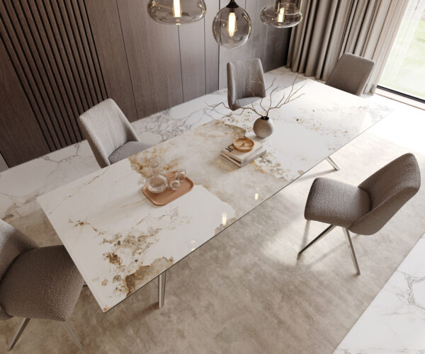 Jedálenský stôl Edge 300x100 keramický Minas Melange biely a béžový Estelar okrúhly nerezový - Image 4