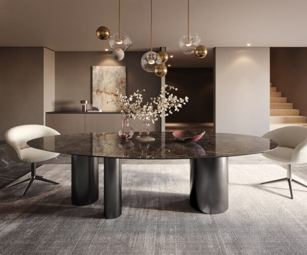 Hrana jedálenského stola oválna 280x130 keramická Laminam®Emperador Extra Lucidato tmavohnedá Troa nerezová oceľ grafitová - Image 2