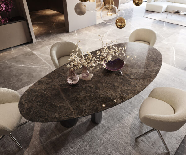 Hrana jedálenského stola oválna 280x130 keramická Laminam®Emperador Extra Lucidato tmavohnedá Troa nerezová oceľ grafitová - Image 3