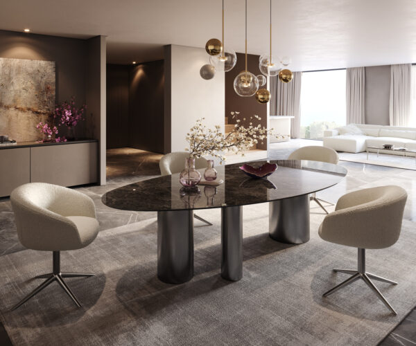 Hrana jedálenského stola oválna 280x130 keramická Laminam®Emperador Extra Lucidato tmavohnedá Troa nerezová oceľ grafitová - Image 6