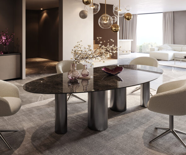 Jedálenský stôl Edge Oval 280x130 keramický Laminam®Emperador Extra Lucidato tmavo hnedý Pillar nerezová oceľ grafit