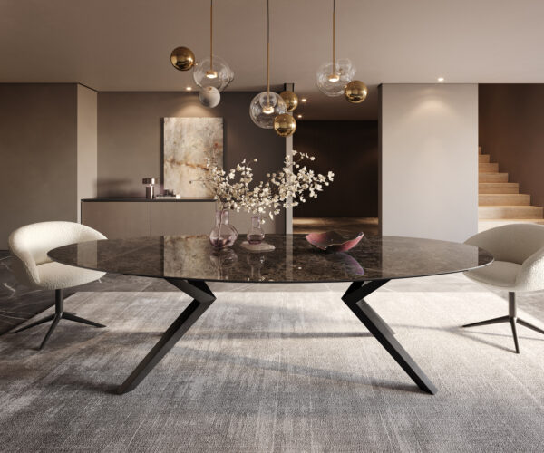 Jedálenský stôl Edge oválny 280x130 keramika Laminam®Emperador Extra Lucidato tmavohnedá Zenthara hranatý kov čierna - Image 2