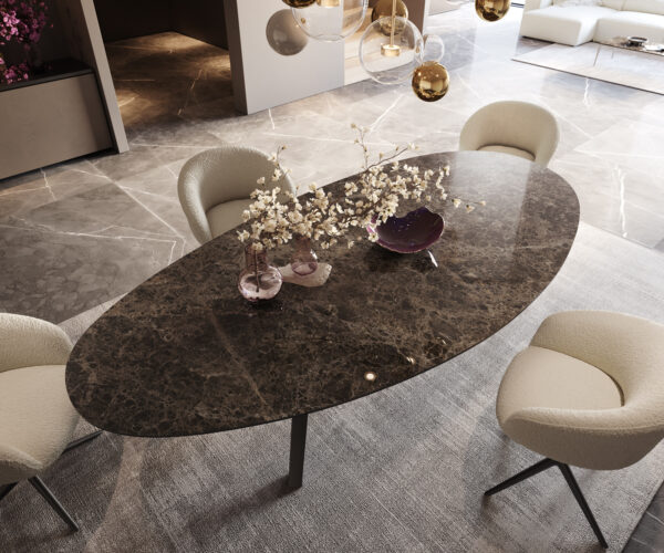 Jedálenský stôl Edge oválny 280x130 keramika Laminam®Emperador Extra Lucidato tmavohnedá Zenthara hranatý kov čierna - Image 3