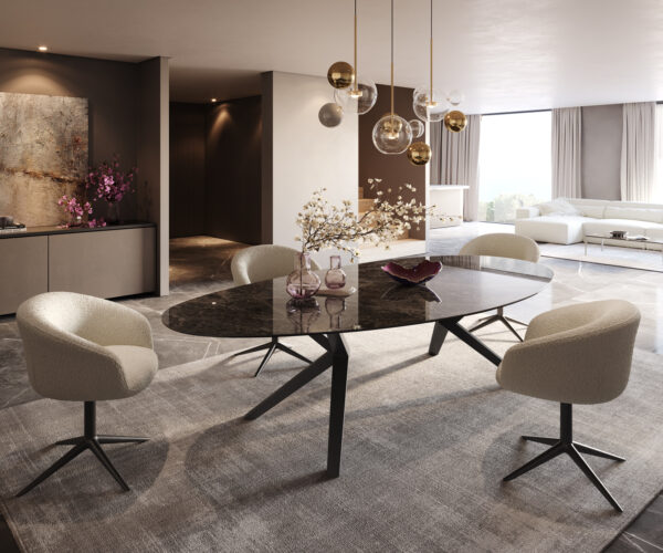 Jedálenský stôl Edge oválny 280x130 keramika Laminam®Emperador Extra Lucidato tmavohnedá Zenthara hranatý kov čierna - Image 5