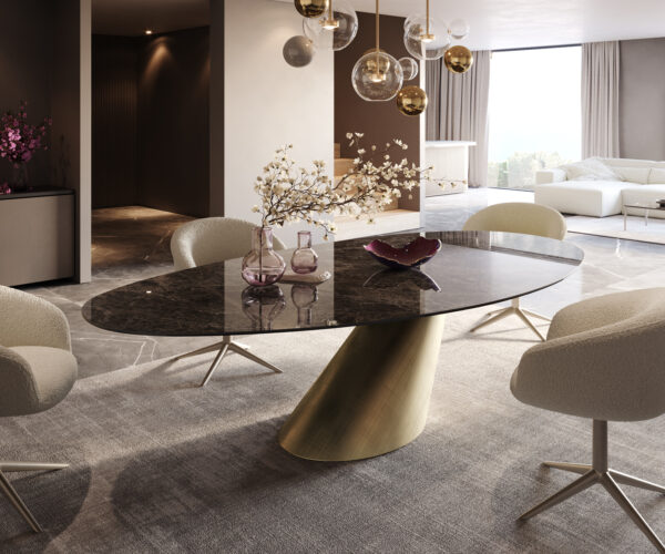 Hrana jedálenského stola oválna 280x130 keramická Laminam® Emperador Extra Lucidato tmavohnedá Cono Metallic Gold