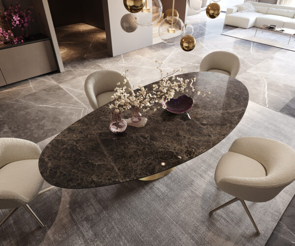 Hrana jedálenského stola oválna 280x130 keramická Laminam® Emperador Extra Lucidato tmavohnedá Cono Metallic Gold - Image 4