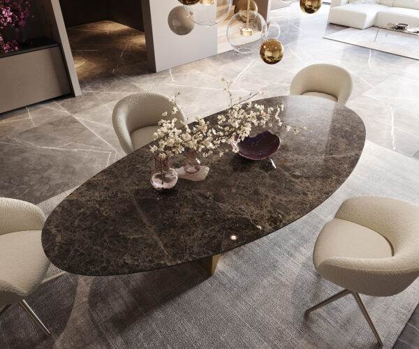 Hrana jedálenského stola oválna 280x130 keramická Laminam® Emperador Extra Lucidato tmavohnedá Origami kovovo zlatá - Image 3