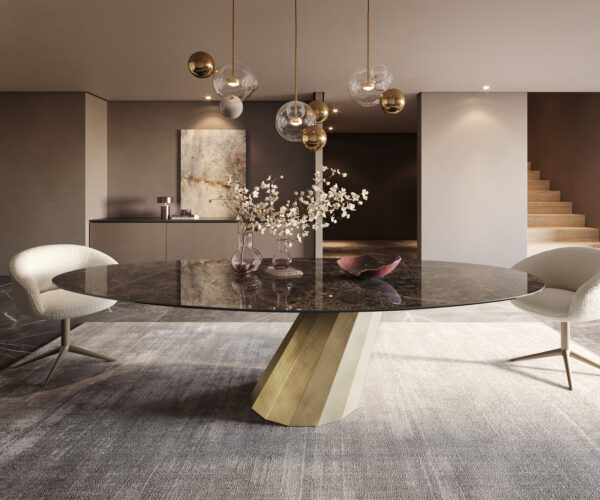 Hrana jedálenského stola oválna 280x130 keramická Laminam® Emperador Extra Lucidato tmavohnedá Parabola kovovo zlatá - Image 2