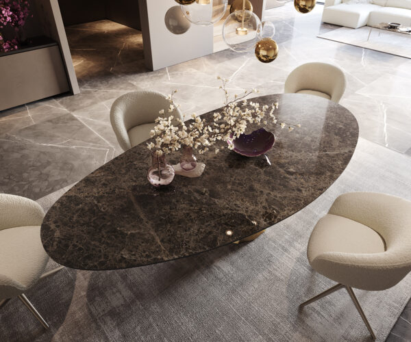 Hrana jedálenského stola oválna 280x130 keramická Laminam® Emperador Extra Lucidato tmavohnedá Parabola kovovo zlatá - Image 3
