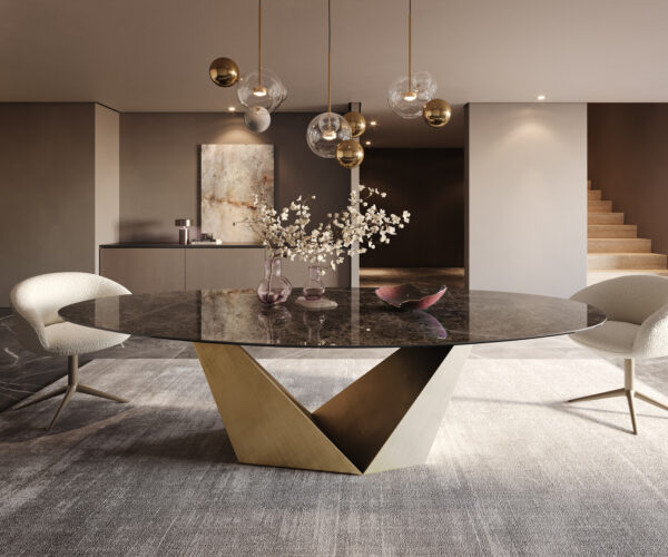 Oválny jedálenský stôl Edge 280x130 Keramický stôl Laminam® Emperador Extra Lucidato tmavohnedý Prisma Metallic Gold - Image 2