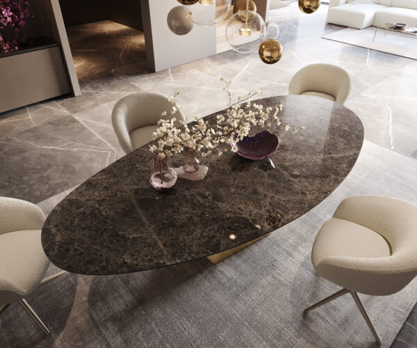 Oválny jedálenský stôl Edge 280x130 Keramický stôl Laminam® Emperador Extra Lucidato tmavohnedý Prisma Metallic Gold - Image 3