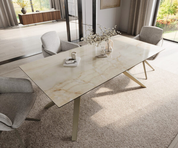 Jedálenský stôl Edge 200x100 keramický Laminam® Onice Oro ?Zenthara štvorcový kovový efekt povrch titánová úprava - Image 4