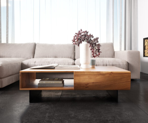 Konferenčný stolík New Live-Edge 115x60 cm prírodná akácia 2 zásuvky 1 priehradka podstavec plávajúci kov čierny - Image 2