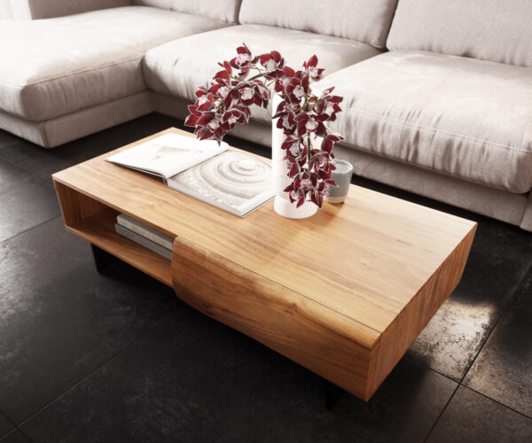 Konferenčný stolík New Live-Edge 115x60 cm prírodná akácia 2 zásuvky 1 priehradka podstavec plávajúci kov čierny - Image 4