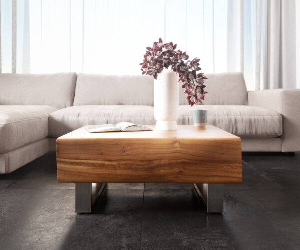 Konferenčný stolík New Live-Edge 80x60 cm prírodná akácia 2 zásuvky behúň z brúsenej nehrdzavejúcej ocele - Image 2