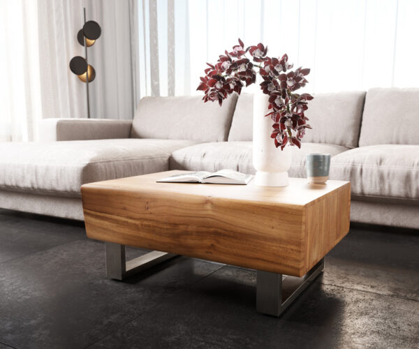 Konferenčný stolík New Live-Edge 80x60 cm prírodná akácia 2 zásuvky behúň z brúsenej nehrdzavejúcej ocele - Image 4