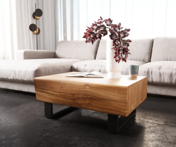 Konferenčný stolík New Live-Edge 80x60 cm akácia prírodná 2 zásuvky kovová tenká podstava čierna - Image 4