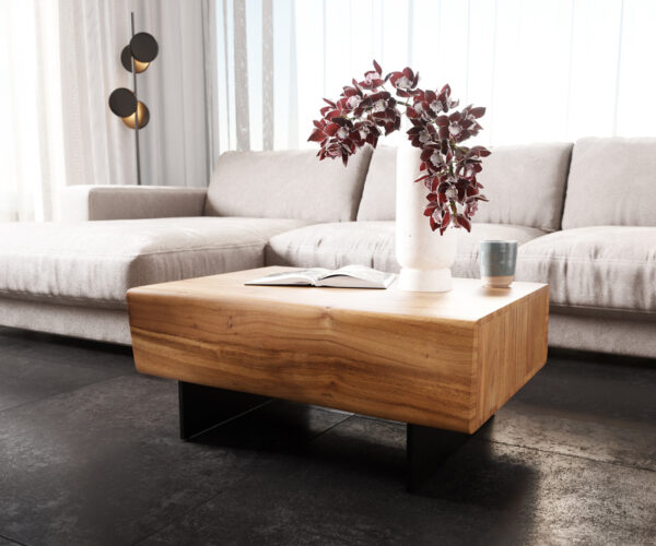 Konferenčný stolík New Live-Edge 80x60 cm akácia prírodná 2 zásuvky podstava závesná kov čierna - Image 4
